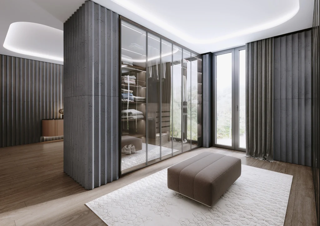 akustikpaneele auf dem wand - Garderobe mit Wandpaneel und Sitzbank in Betonoptik