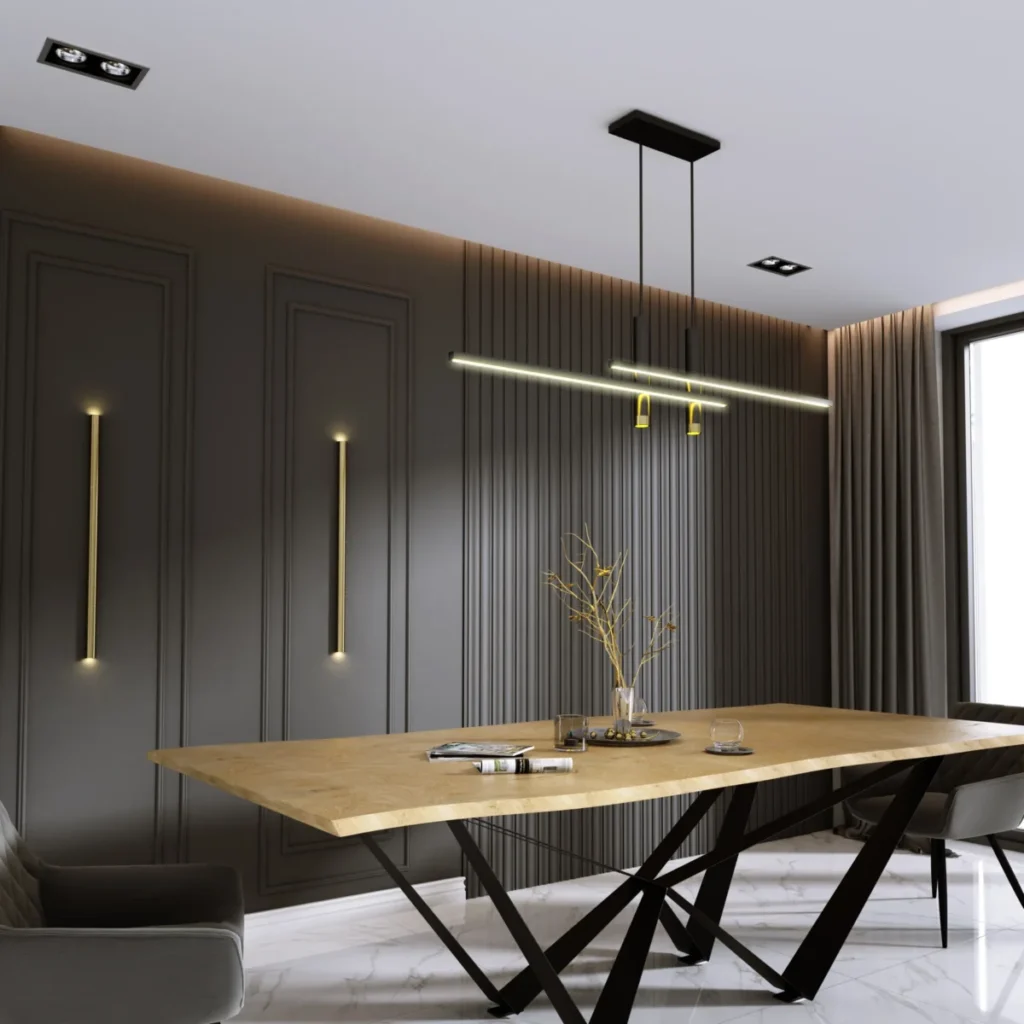 Halbhohe weiße Holzpaneele im Esszimmer im skandinavischen Stil, kombiniert mit einem langen Eichenholztisch und Pendelleuchten Detailaufnahme eines modernen Esszimmers mit einem hellen Holztisch, schwarzem Tischgestell und stilvoller Beleuchtung. Elegantes Design und hochwertige Materialien.