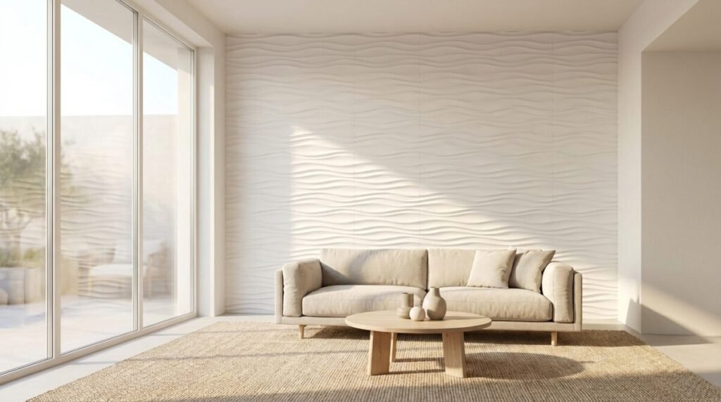 Ein helles, minimalistisches Wohnzimmer mit großen Fenstern. An der Hauptwand weiße 3D-Paneele mit sanfter Wellenstruktur, die das Sonnenlicht refl...