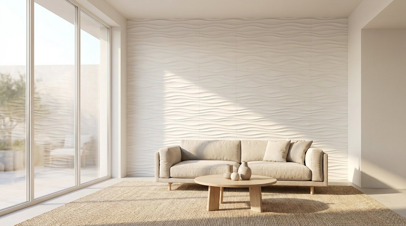 Ein helles, minimalistisches Wohnzimmer mit großen Fenstern. An der Hauptwand weiße 3D-Paneele mit sanfter Wellenstruktur, die das Sonnenlicht refl...