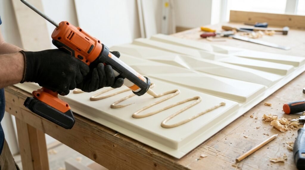 Ein professioneller Handwerker trägt mit einer Akku-Kartuschenpresse gleichmäßig dicke Stränge Montagekleber in Schlangenlinien auf die flache Rückseite eines weißen 3D-Polyurethanpaneels auf.