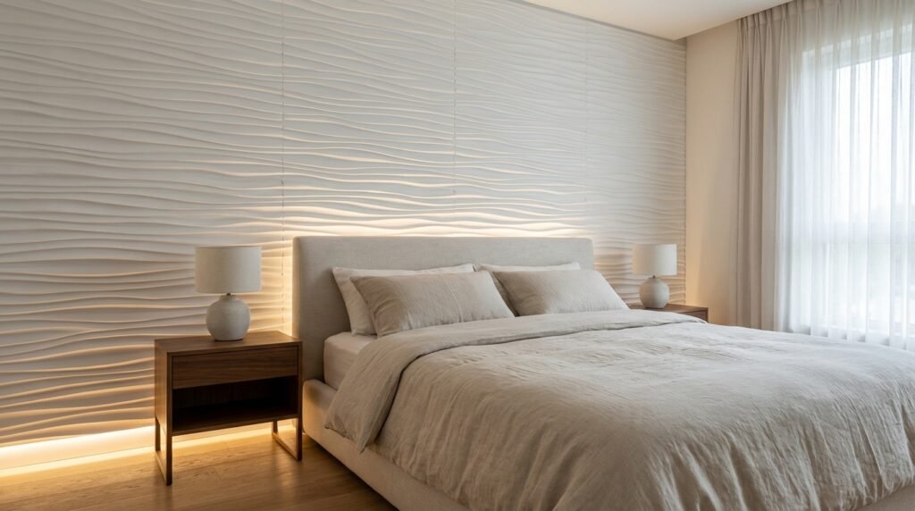 Ein modern eingerichtetes Schlafzimmer. Die Rückwand des Bettes ist mit weißen 3D-Wellenpaneelen verkleidet, die durch ein im Boden eingelassenes LED-Band mit warmweißem Licht in Szene gesetzt werden. Weiße 3D-Paneele: Der größte Wohntrend