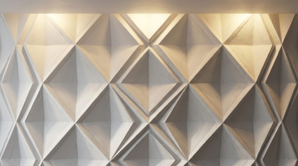 Detailaufnahme eines weißen 3D-Wandpaneels mit starkem, geometrischem Rautenmuster, das durch ein warmes Streiflicht von der Decke beleuchtet wird und starke, dramatische Schatten wirft.
