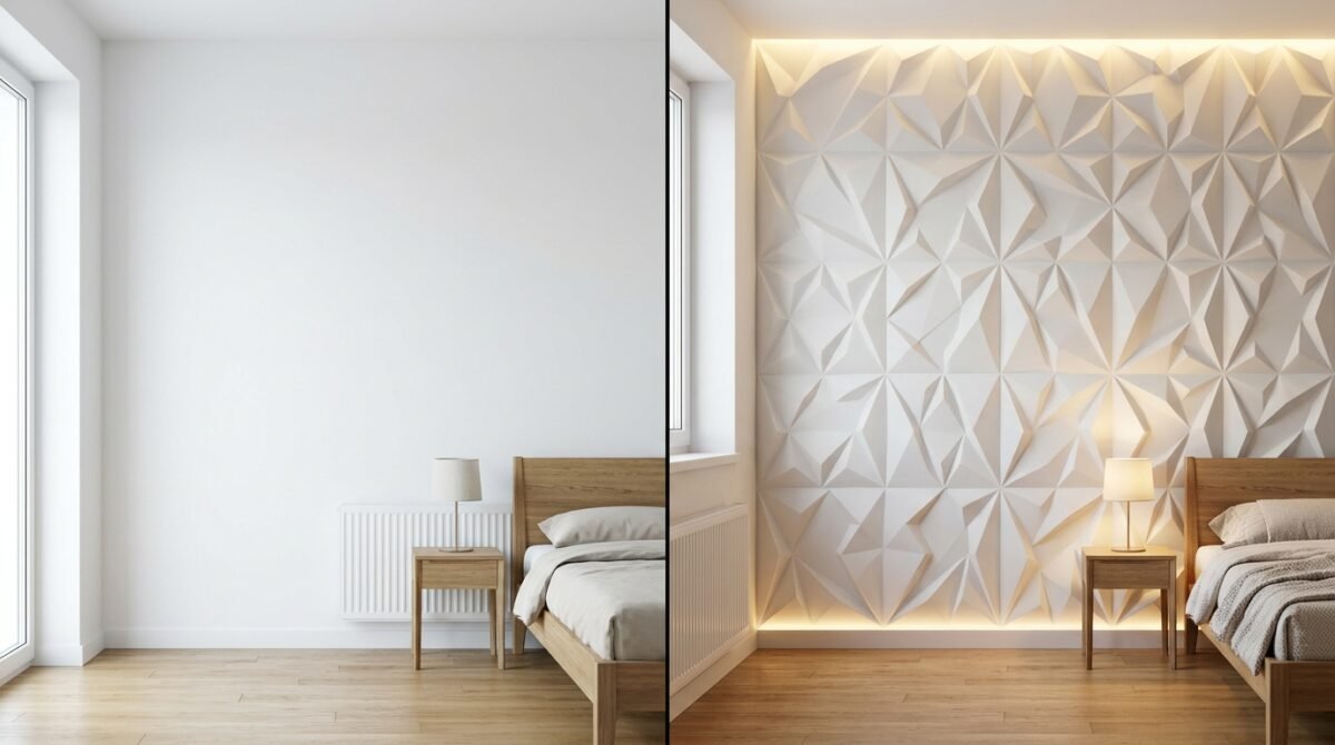 Ein Vorher-Nachher-Vergleichsbild. Links: Eine weiße, leere Wand in einem Neubauschlafzimmer. Rechts: Die gleiche Wand, aufgewertet mit dreidimensi...