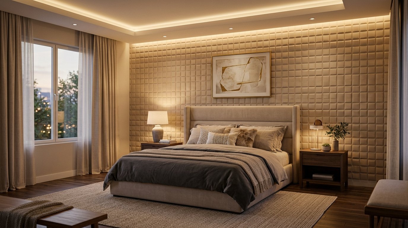 Ein elegantes Schlafzimmer mit einem gemütlichen Polsterbett, hinter dem eine Akzentwand mit beigefarbenen 3D-Wandpaneelen installiert ist. Eine sa...