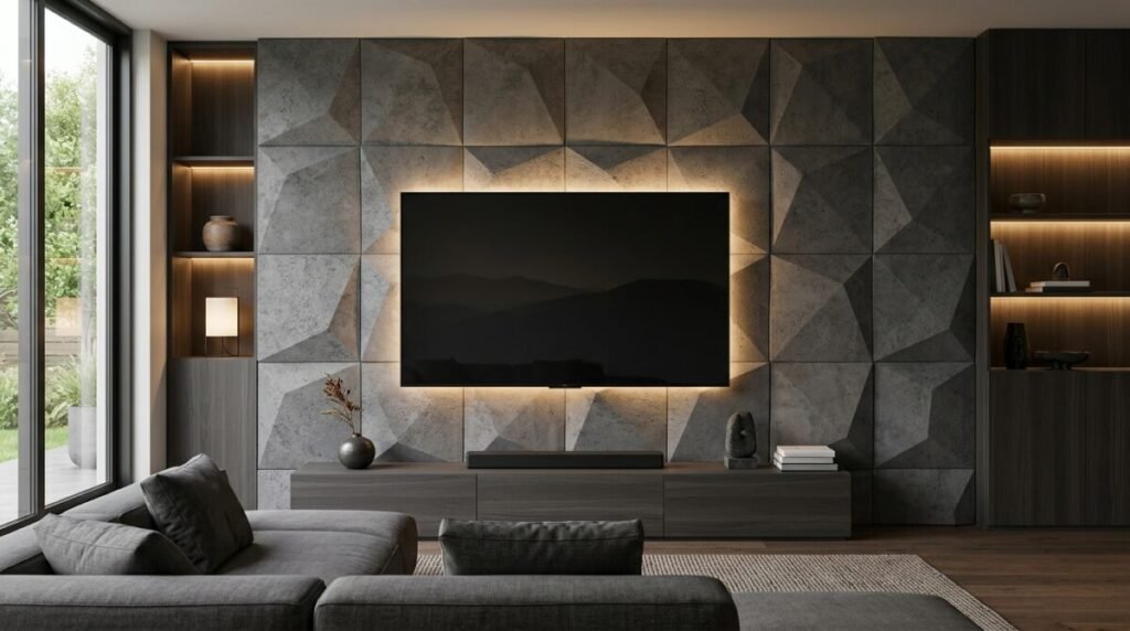 Eine moderne TV-Wand mit dunkelgrauen 3D-Panels, LED-Hintergrundbeleuchtung und einem Designfernseher. Ein minimalistisches Wohnzimmer.
