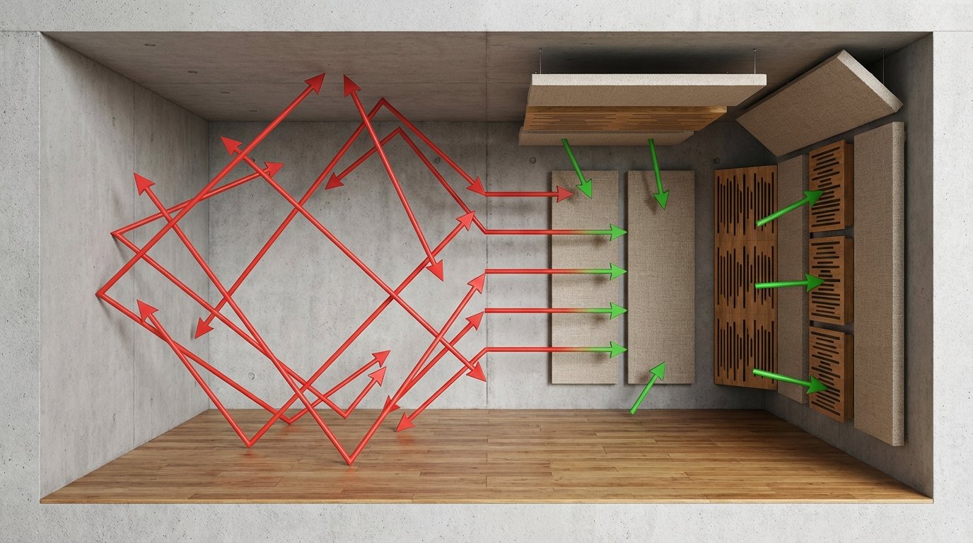Eine Infografik, die einen Raumquerschnitt zeigt. Links ein 'nackter' Raum mit vielen roten Pfeilen, die wild von Wänden abprallen (hoher N...
