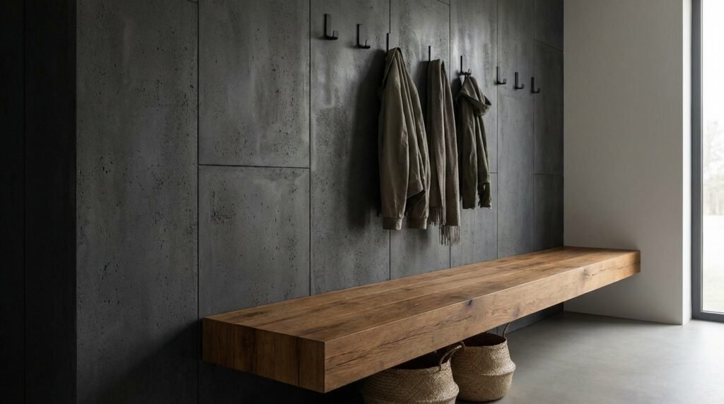 Eine stilvolle Flurgarderobe mit dunklen Beton-Wandpaneelen, schwarzen matten Kleiderhaken und einer schwebenden Eichenholz-Sitzbank.