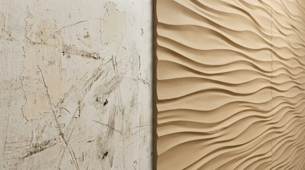 Detailaufnahme einer zerkratzten, schmutzigen Flurwand im direkten Kontrast zu einer sauberen, neuen 3D-Wandverkleidung in Sandbeige.