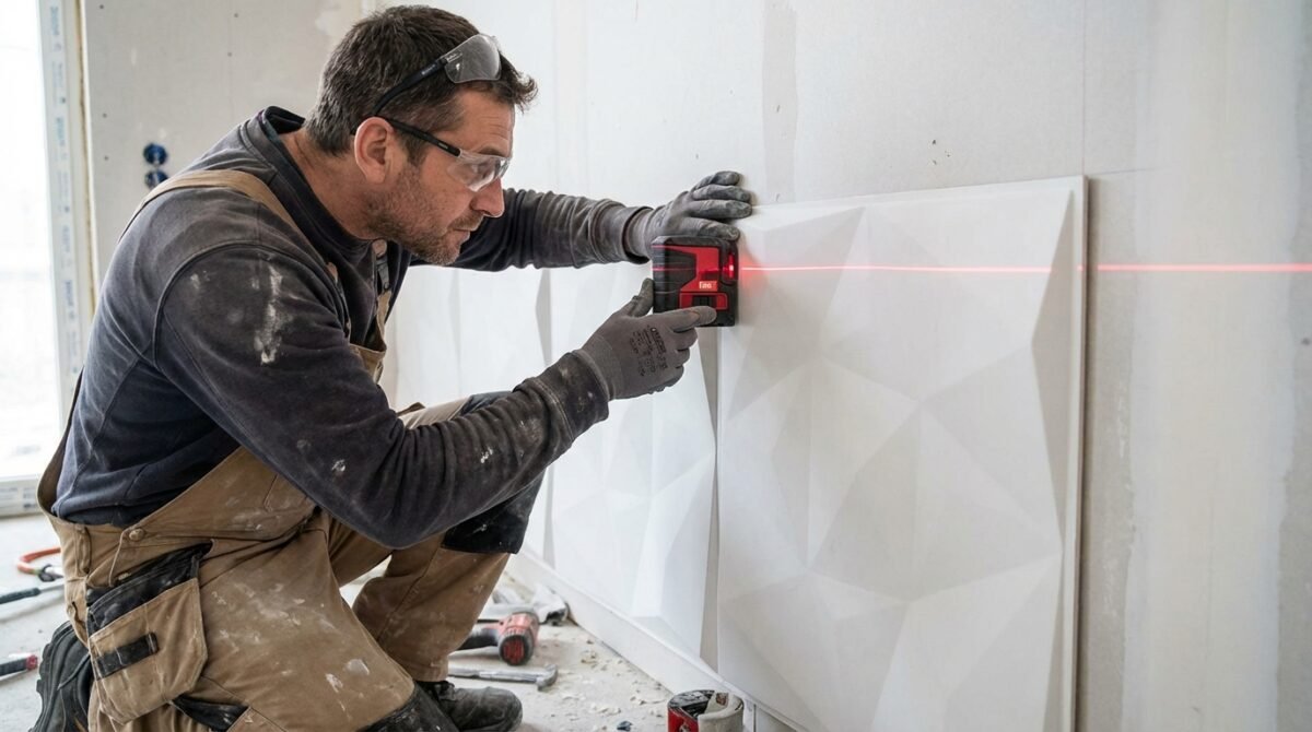 Querschnitt einer 3D-Paneel-Montage auf Ziegelwand – vollflächige Verklebung für maximale Dämmwirkung Ein Handwerker kniet vor einer Wand und richtet ein weißes 3D Wandpaneel mit einem roten Laser aus. Er trägt Schutzbrille, Handschuhe und Arbeitskleidung. Werkzeuge liegen am Boden.