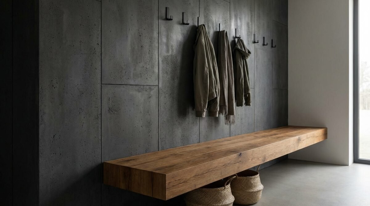 Eine stilvolle Flurgarderobe mit dunklen Beton-Wandpaneelen, schwarzen matten Kleiderhaken und einer schwebenden Eichenholz-Sitzbank. Eine stilvolle Flurgarderobe mit dunklen Beton-Wandpaneelen, schwarzen matten Kleiderhaken und einer schwebenden Eichenholz-Sitzbank.
