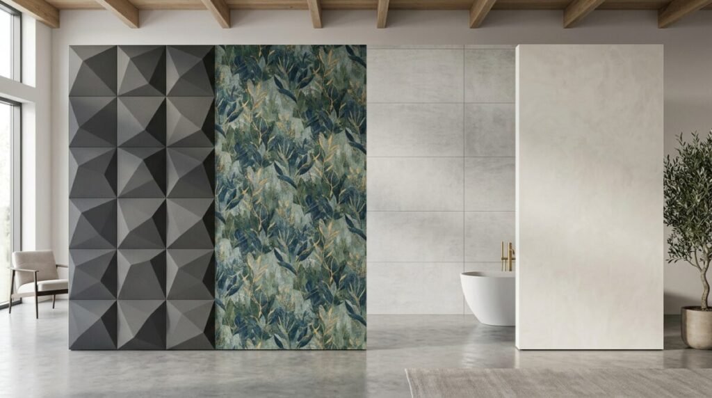 Wandgestaltung im Vergleich: 3D-Wandpaneele, Mustertapete, Fliesen und glatter Mineralputz in einem modernen Raumkonzept direkt gegenübergestellt