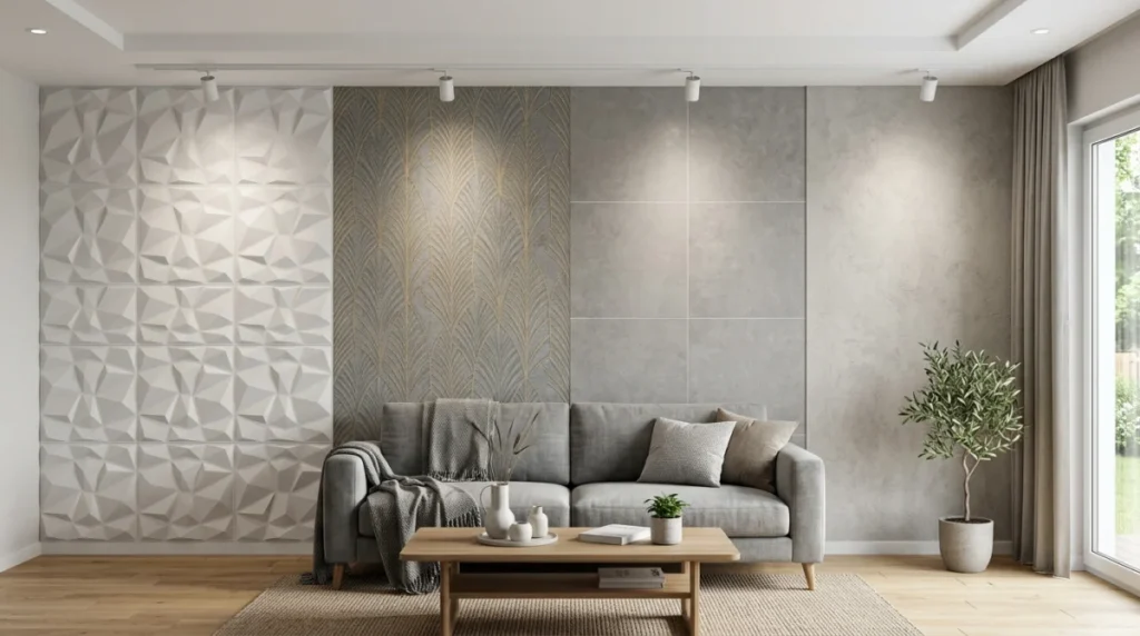 Nahaufnahme einer 3D-Wandpaneel-Oberfläche aus Hartschaum neben einer Fliesenwand — beide frisch gereinigt, Vergleich de Moderne Wohnzimmerwand mit vier verschiedenen Wandgestaltungen nebeneinander — 3D-Wandpaneel, Tapete, Fliesen und Putz —