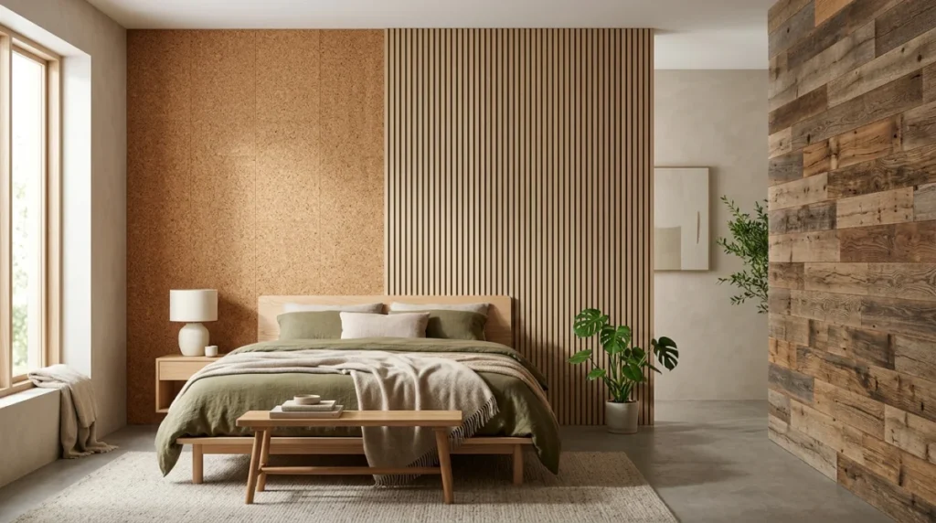 Schlafzimmer mit eleganten Wandpaneelen in warmen Erd- und Beigetönen für eine moderne, beruhigende Farbgestaltung im Jahr 2026