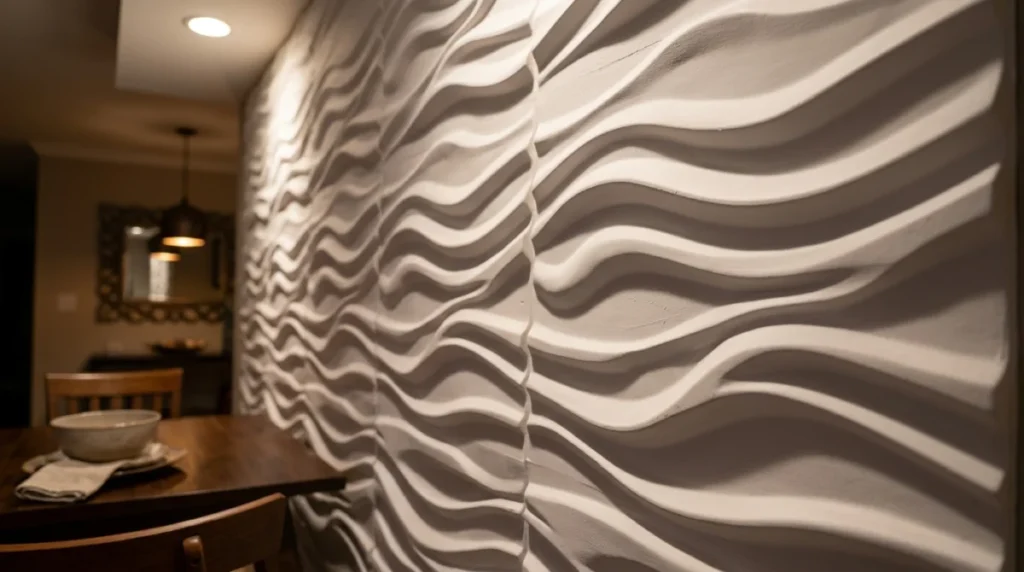 Weißes 3D-Wandpaneel mit Wellenmuster im Esszimmer – Lichteinfall betont die plastische Tiefenwirkung der Struktur