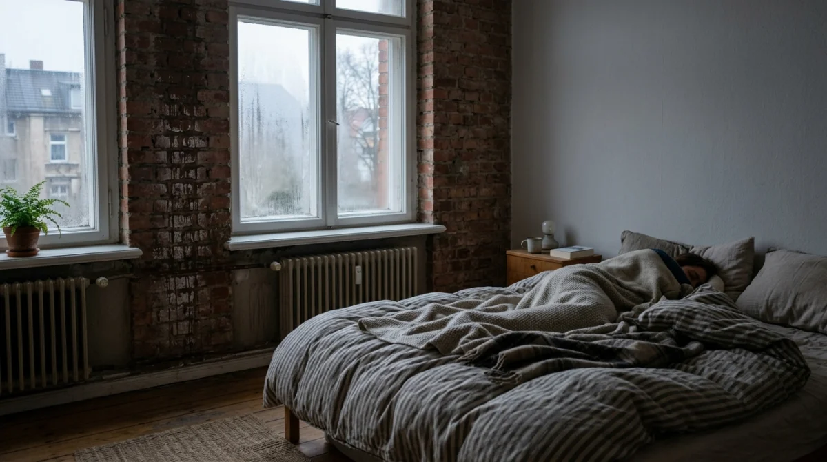 Kalte Außenwand im Schlafzimmer mit Kondenswasser – typisches Problem in Altbauten, das 3D-Wandpaneele als Isolationsschicht lösen können
