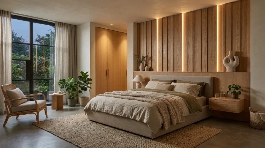 Modernes Schlafzimmer mit nachhaltigen Holzwandpaneelen und integrierter LED-Beleuchtung für gemütliche Wohnakzente im Designtrend 2026