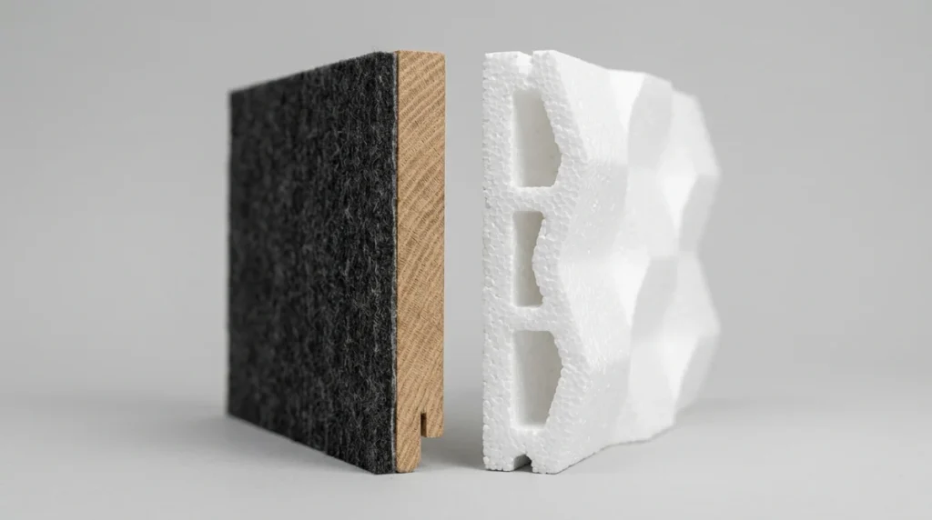 Detailaufnahme im Querschnitt — links eine Holzlamelle mit dunklem Akustikfilz, rechts ein 3D-Polystyrolpaneel im Schnit