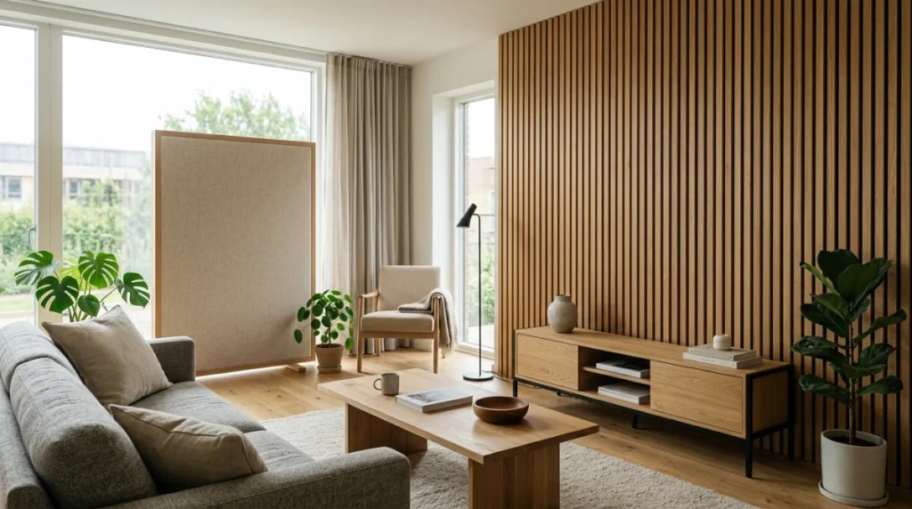 Modernes Wohnzimmer mit einer Wand aus vertikalen Holz-Akustikpaneelen rechts und einem freistehenden Stoff-Schallabsorb