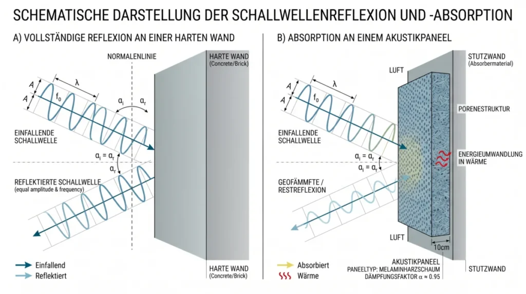 Schematische Darstellung einer Schallwelle, die an einer harten Wand vollständig reflektiert wird und an einem Akustikpa Schematische Darstellung einer Schallwelle, die an einer harten Wand vollständig reflektiert wird und an einem Akustikpa
