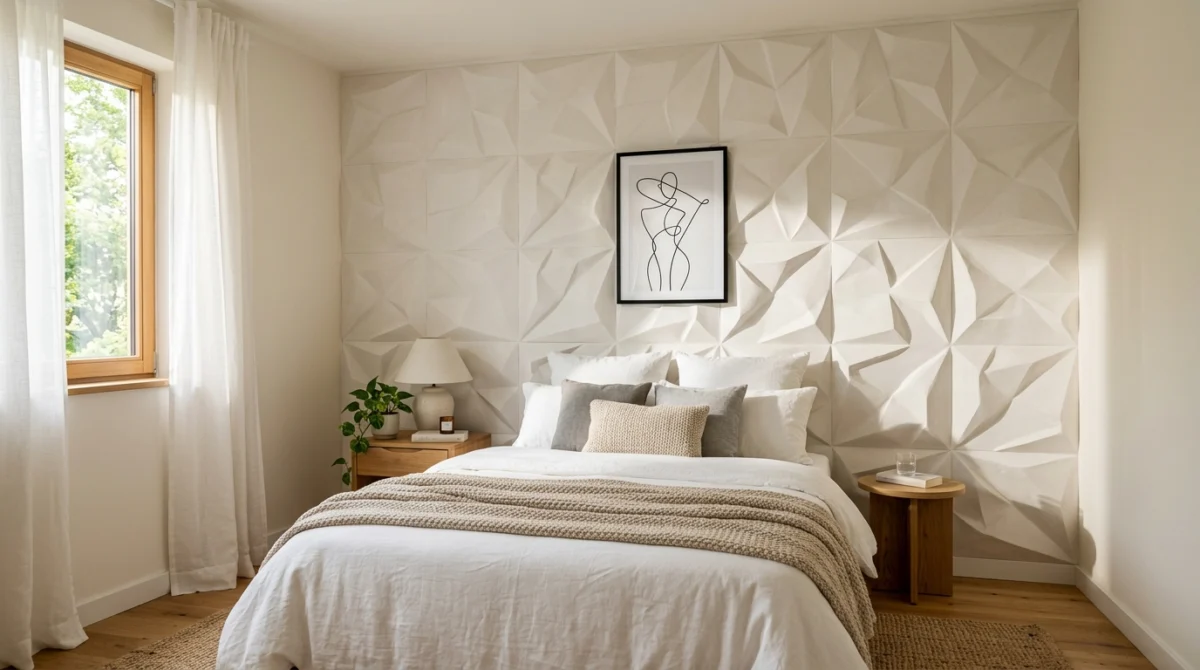 Kleines, helles Schlafzimmer mit einer strukturierten 3D-Wandpaneel-Wand hinter dem Bett, seitlich einfallendes Streifli