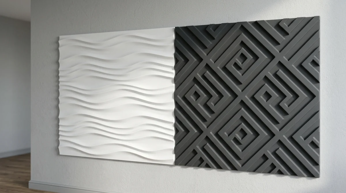 Zwei 3D-Wandpaneele nebeneinander an einer Wand, links ein weißes geschäumtes PVC-Paneel mit Wellenrelief, rechts ein ma