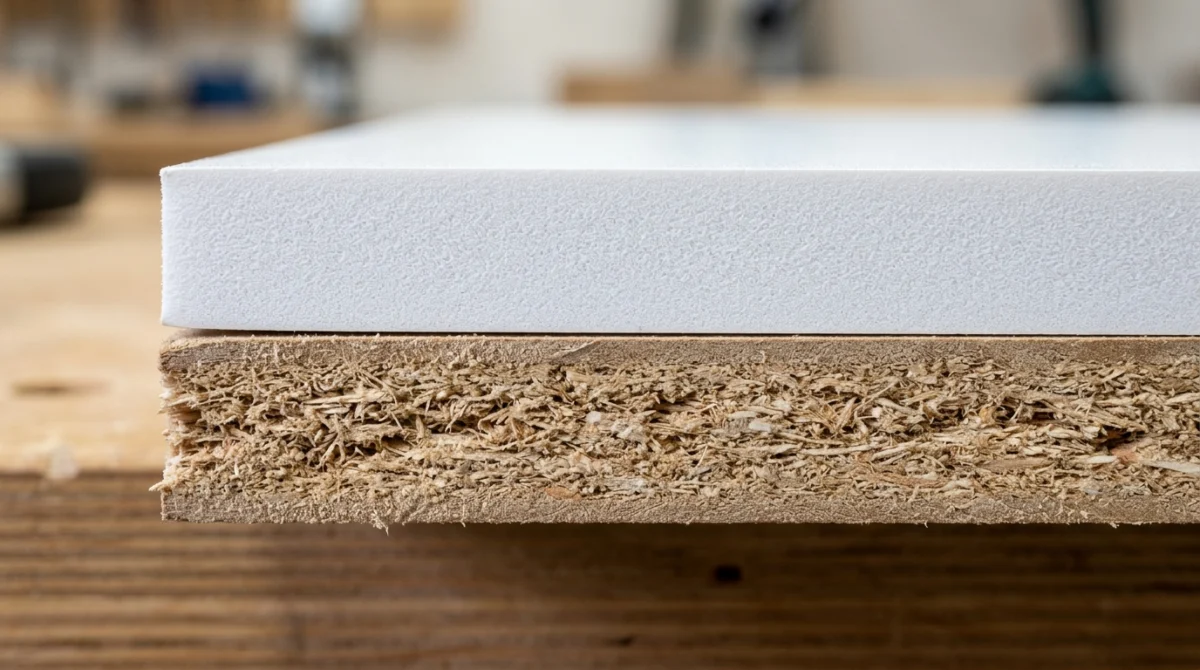 3d Wandpaneele Material Vergleich PVC MDF: Was ist besser? — 1 Nahaufnahme einer Schnittkante im Vergleich, oben ein PVC-Hartschaumpaneel mit gleichmäßig geschlossener Zellstruktur, u