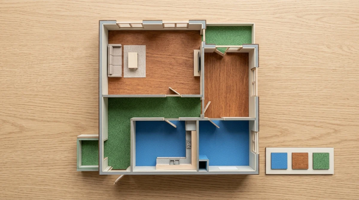 3d Wandpaneele Material Vergleich PVC MDF: Was ist besser? — 2 Grundriss einer Wohnung von oben mit farbcodierten Räumen, Bad und Küchen-Nasszone in Blau für PVC markiert, Wohnzimmer