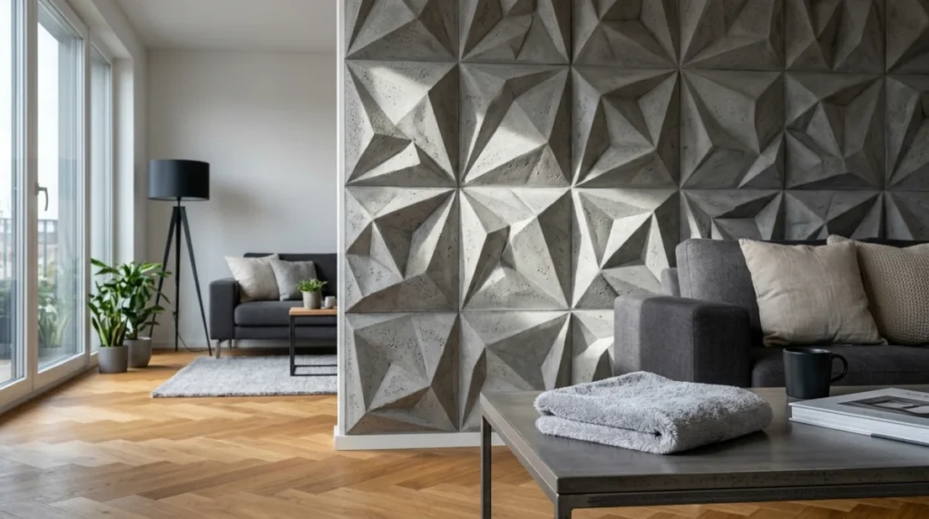 Moderne Wohnzimmerwand mit dreidimensionalen 3D-Wandpaneelen in Betonoptik, seitliches Tageslicht betont die Reliefstruk