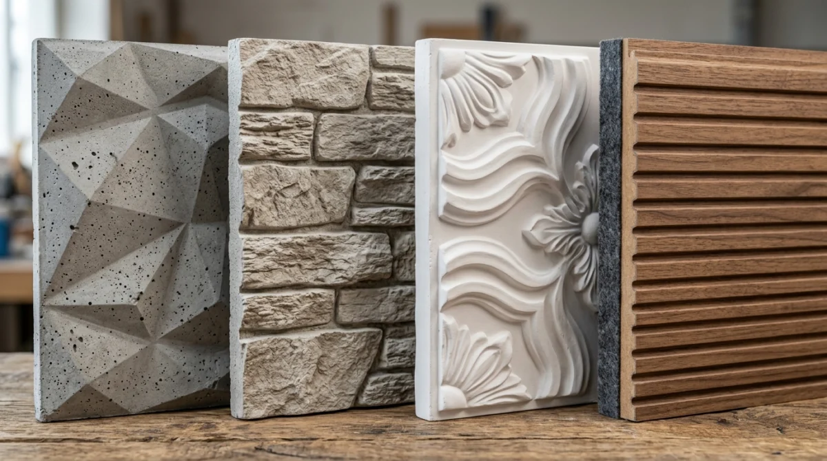 Wandpaneele reinigen und pflegen: 3D-Paneele-Ratgeber — 1 Nahaufnahme von vier 3D-Paneel-Mustern nebeneinander (Betonoptik, Styropor-Steinoptik, Gips-Relief, MDF-Furnier mit Filz
