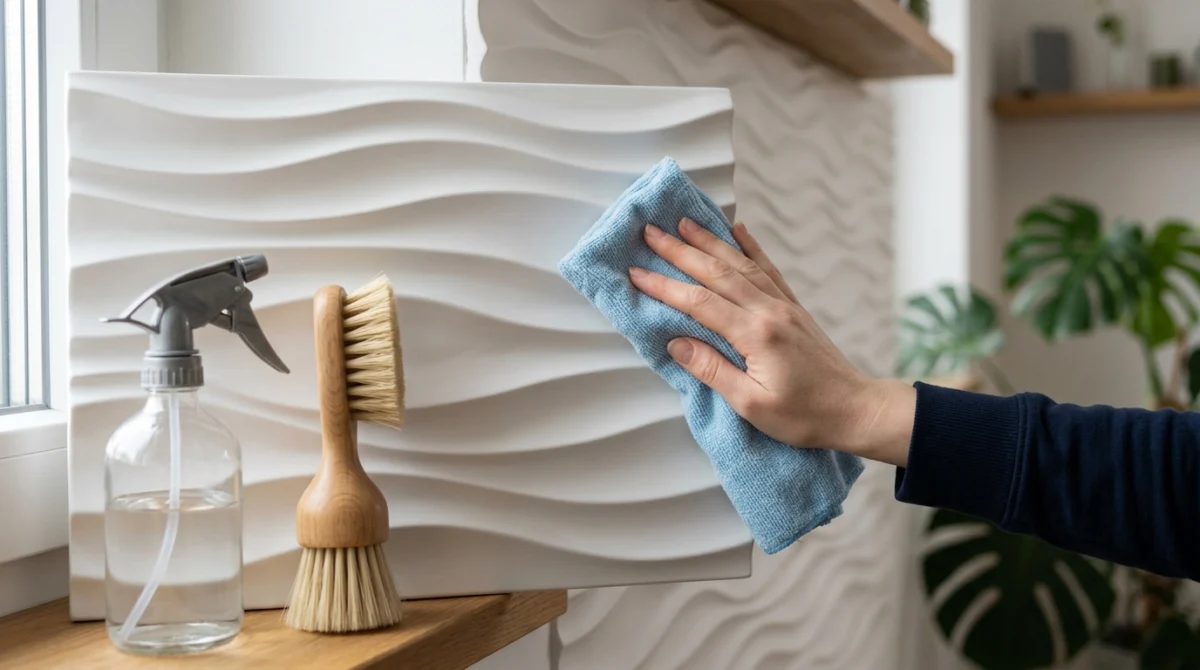 Wandpaneele reinigen und pflegen: 3D-Paneele-Ratgeber — 2 Hand mit hellblauem Mikrofasertuch wischt behutsam über ein erhabenes 3D-Wandpaneel in Wellenoptik, daneben eine weiche