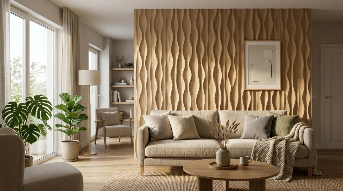 Wohnzimmer mit einer 3D-Wandpaneel-Akzentwand hinter dem Sofa, weiches Streiflicht von der Seite betont die Reliefstrukt