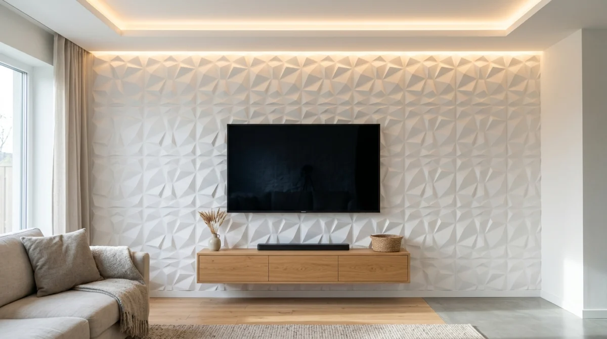3D-Wandpaneele Wohnzimmer: Optik & Einrichtungsstil — 2 Minimalistische Wohnzimmerwand mit glatten geometrischen 3D-Paneelen in Weiß hinter einem flachen Fernseher, indirektes