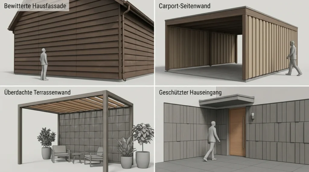 Vier Außensituationen im Vergleich – bewitterte Hausfassade, Carport-Seitenwand, überdachte Terrassenwand und geschützte