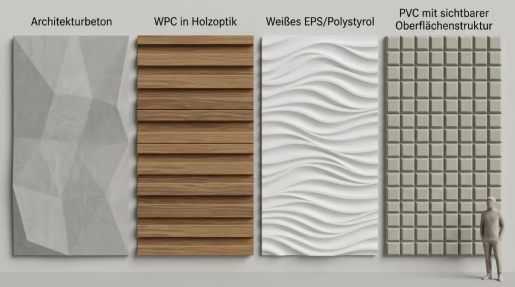 Nahaufnahme von vier 3D-Wandpaneel-Mustern nebeneinander – Architekturbeton, WPC in Holzoptik, weißes EPS/Polystyrol und