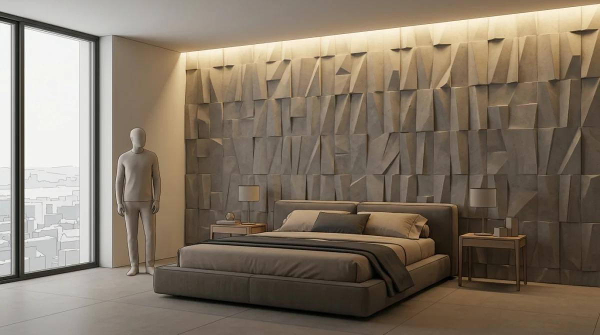 Modernes Schlafzimmer im Hotelstil, raumhohe Wandfläche hinter dem Bett mit feinem 3D-Relief in Betonoptik, wa Modernes Schlafzimmer im Hotelstil, raumhohe Wandfläche hinter dem Bett mit feinem 3D-Relief in Betonoptik, wa