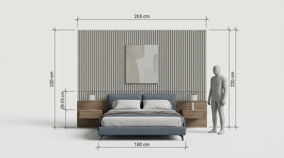Technische Illustration einer Schlafzimmerwand von vorn mit eingezeichneten Maßen: Bettbreite 180 cm, gestalte Technische Illustration einer Schlafzimmerwand von vorn mit eingezeichneten Maßen: Bettbreite 180 cm, gestalte
