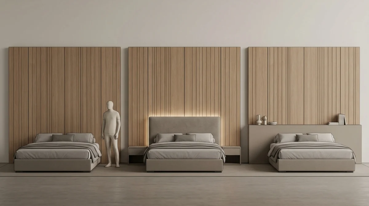 Drei nebeneinander dargestellte Aufbauvarianten einer Schlafzimmerwand als schlichte Illustration: links reine Drei nebeneinander dargestellte Aufbauvarianten einer Schlafzimmerwand als schlichte Illustration: links reine