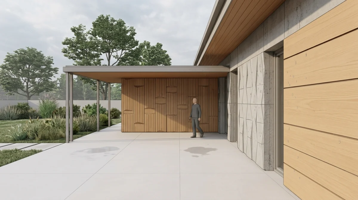 Moderne Hausfassade und überdachte Terrassenwand mit strukturierten 3D-Wandpaneelen in Beton- und Holzoptik bei Tageslic