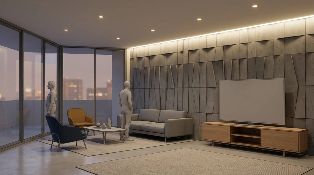 Modernes Wohnzimmer bei Daemmerung, Akzentwand aus 3D-Betonpaneelen mit tiefem Relief, darueber eine durchgehende warmwe