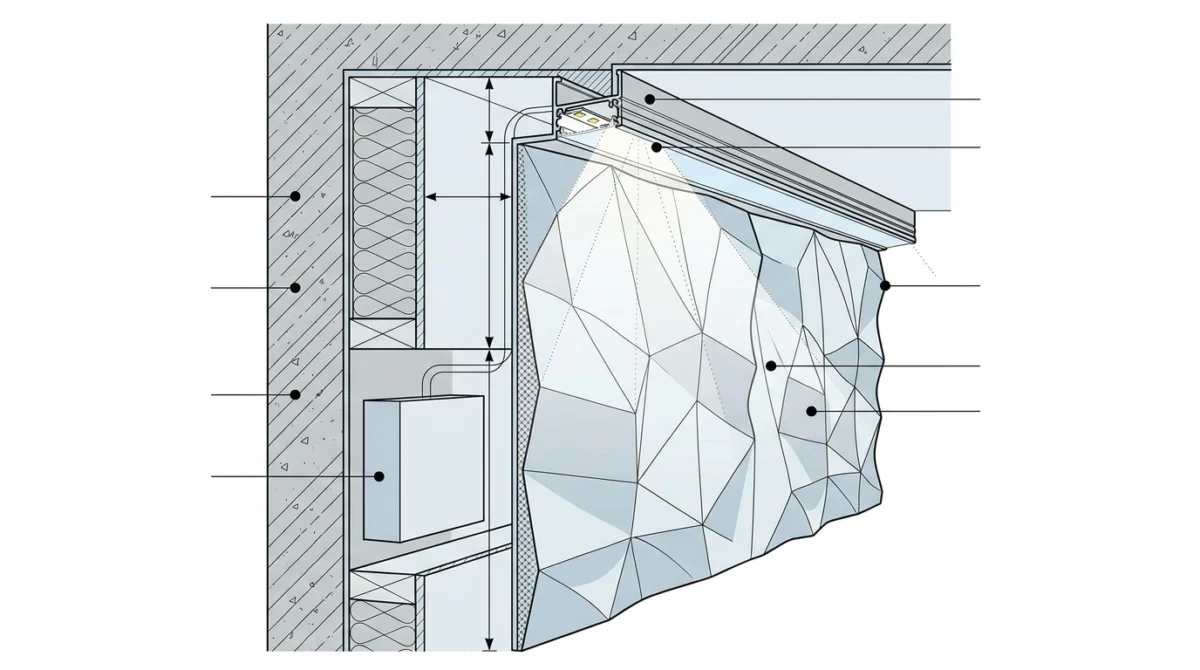 Technische Schnittzeichnung, LED-Streifen im Aluminiumprofil ueber einer 3D-Paneelwand, Masspfeil fuer 3 bis 5 cm Abstan