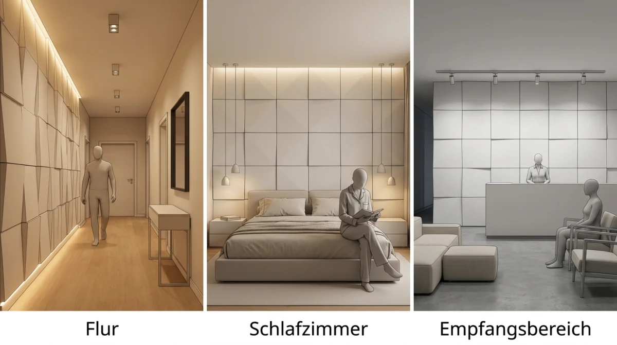 Drei Raumbeispiele nebeneinander, Flur, Schlafzimmer und Empfangsbereich mit derselben 3D-Paneelstruktur, jeweils unters