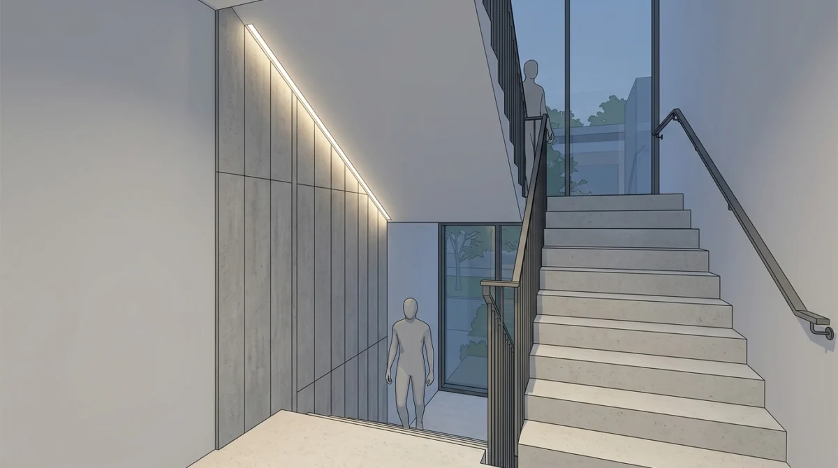 Treppenhaus mit einer einzelnen vertikal verkleideten Akzentwand in Betonoptik gegenüber dem Handlauf, LED-Lichtlinie in