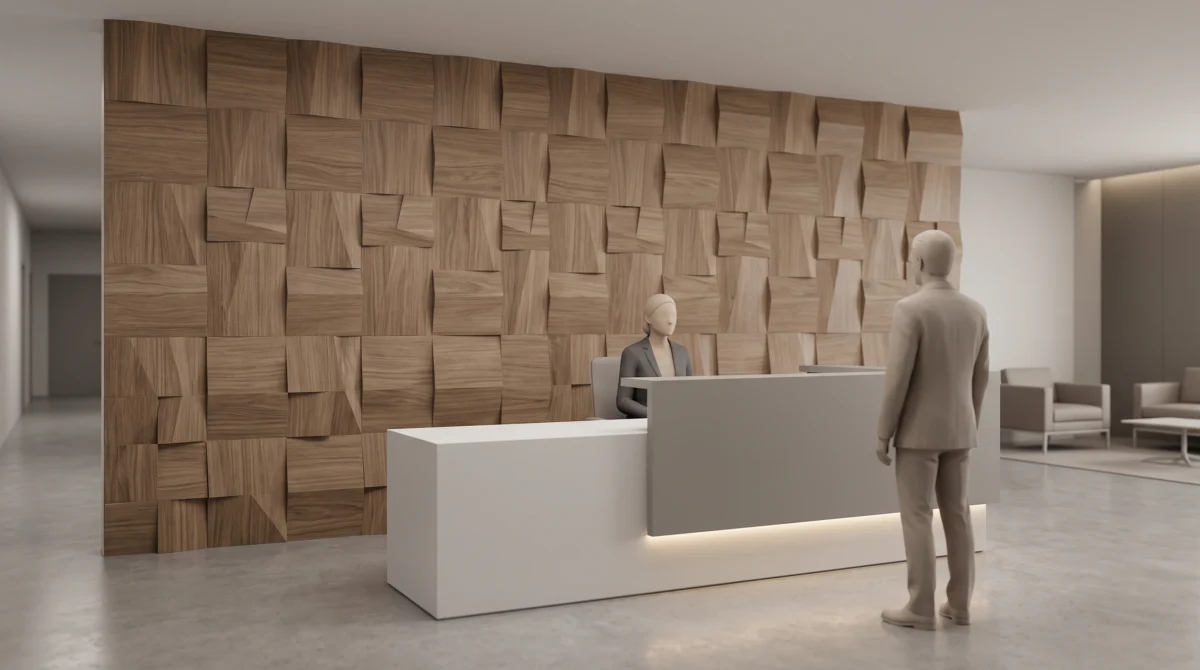 Moderner Büroempfang mit akustisch wirksamen 3D-Wandpaneelen in warmem Holzdekor, Empfangstheke davor, gedämpf