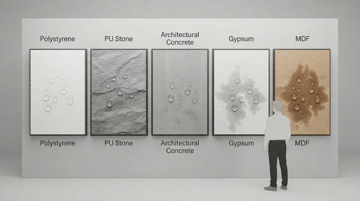 Materialvergleich 3D Wandpaneele: Polystyrol, PU und Beton nehmen kein Wasser auf, Gips und MDF schon Materialvergleich 3D Wandpaneele: Polystyrol, PU und Beton nehmen kein Wasser auf, Gips und MDF schon