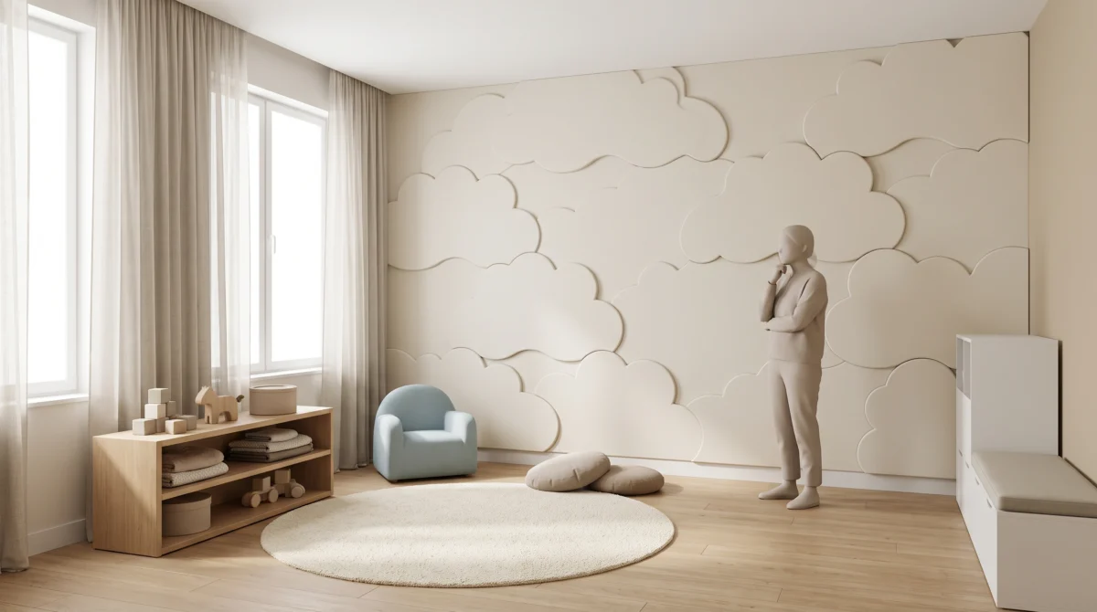 Helles Kinderzimmer mit einer Akzentwand aus 3D-Wandpaneelen in sanften Wolkenformen, daneben ein Spielbereich